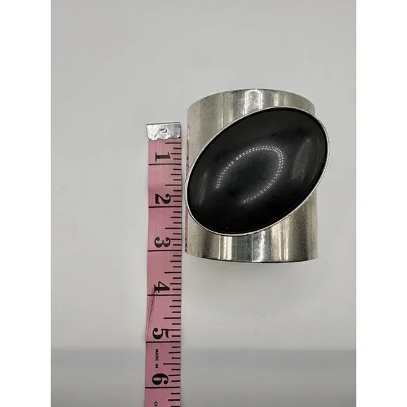 Large Silver Tone Cuff Bracelet Black Oval Stone Statement Bold Maximalist - Picture 4 of 4